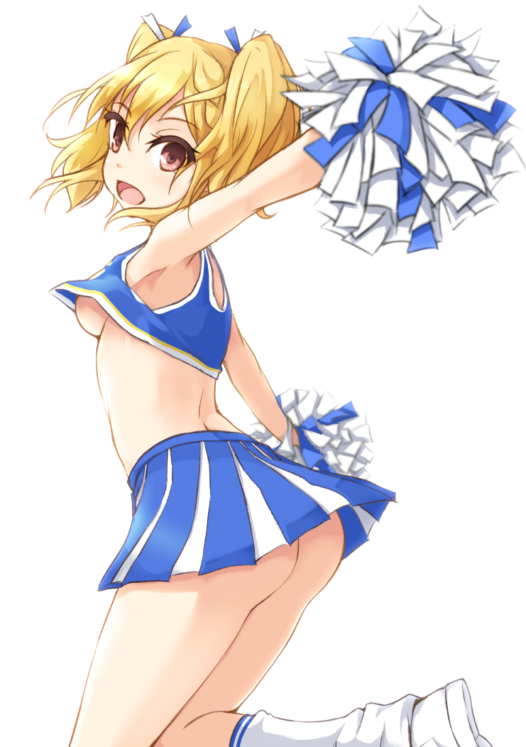 1girl, :d, armpits, ass, back, bare_shoulders, blue_skirt, blush