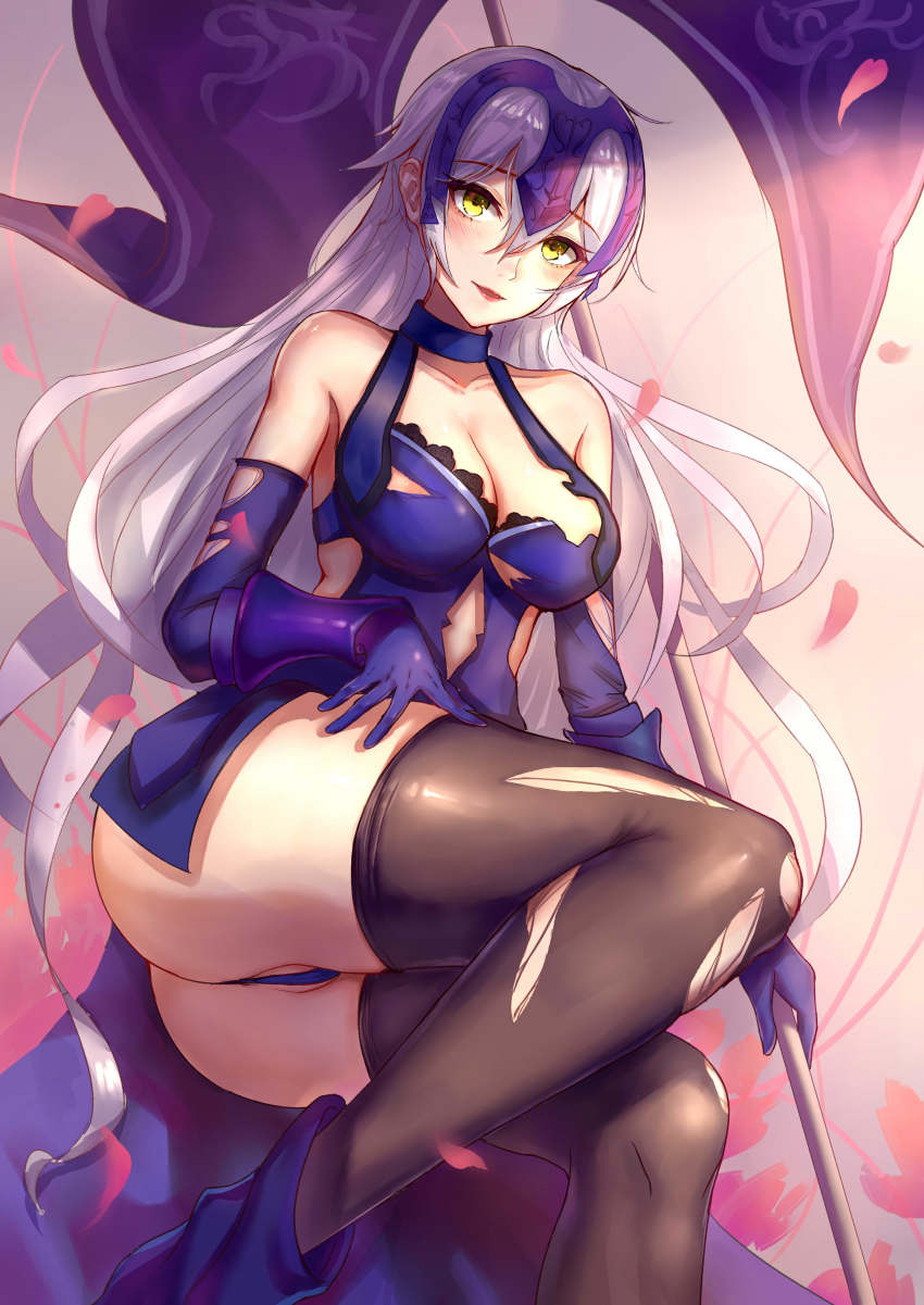 absurdres, ass, bare_shoulders, black_dress, blush, breasts, cleavage, collared_dress