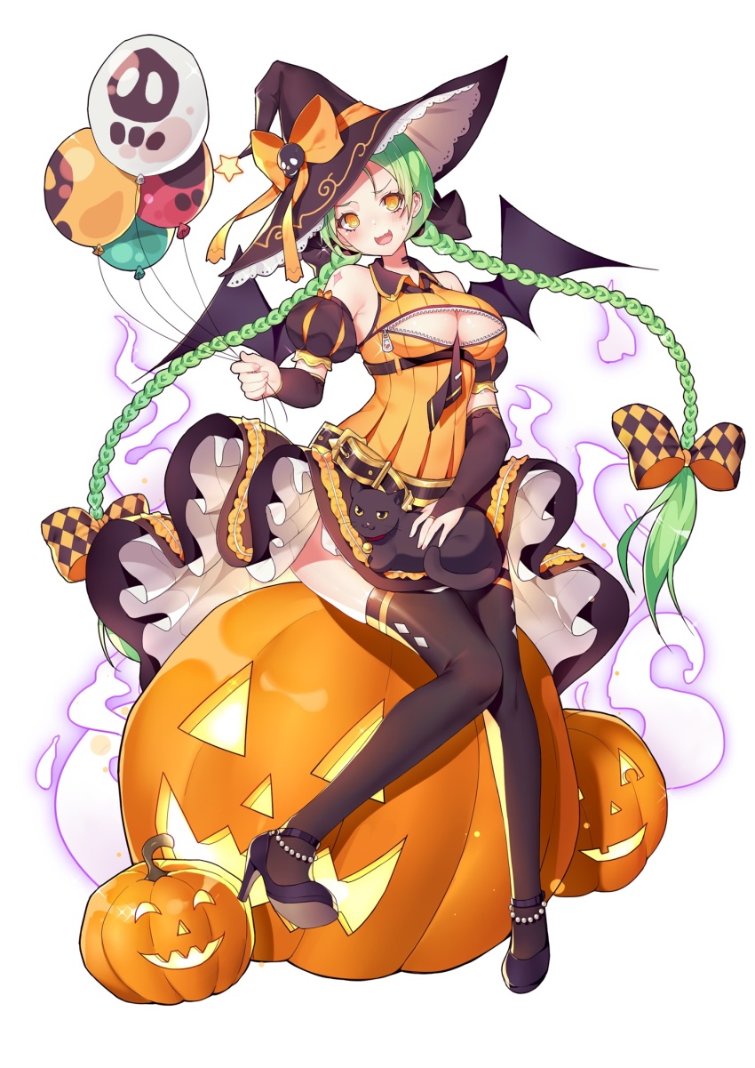 1girl, :3, @_@, anklet, argyle_bow, argyle_clothes, balloon, bare_shoulders, bat_wings, beads, belt, between_breasts, black_cat, black_footwear, black_skirt, black_thighhighs, bow, braid, breasts, bridal_gauntlets, candy, cat, collared_shirt, detached_sleeves, fang, fillo_(iron_saga), food, hair_bow, halloween, hat, hat_bow, high_heels, highres, hitodama, iron_saga, jack-o'-lantern, jewelry, large_breasts, long_hair, looking_at_viewer, necktie, necktie_between_breasts, no_bra, official_art, open_mouth, orange_bow, orange_eyes, orange_shirt, petticoat, puffy_short_sleeves, puffy_sleeves, pumpkin, sela_(08180074), shirt, short_sleeves, simple_background, sitting, sitting_on_lap, sitting_on_object, sitting_on_person, skirt, sleeveless, sleeveless_shirt, smile, sparkle, star_(symbol), thighhighs, twin_braids, underbust, unzipped, very_long_hair, wavy_mouth, white_background, wings, witch_hat, zipper, zipper_pull_tab
