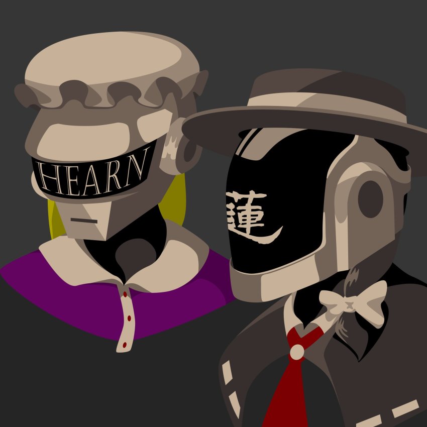 2girls, black_background, black_hair, black_hat, blonde_hair, buttons, capelet, collared_dress