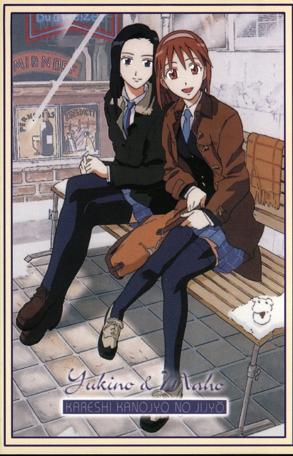 1990s_(style), 2girls, :d, bag, bench, black_hair, blue_eyes, brown_eyes, brown_hair, coat, full_body, fur_trim, hairband, izawa_maho, kareshi_kanojo_no_jijou, loafers, long_sleeves, looking_at_viewer, miyazawa_yukino, mole, mole_under_eye, multiple_girls, open_mouth, outdoors, retro_artstyle, school_bag, shoes, short_hair, skirt, smile, thighhighs, winter_clothes, winter_coat, zettai_ryouiki