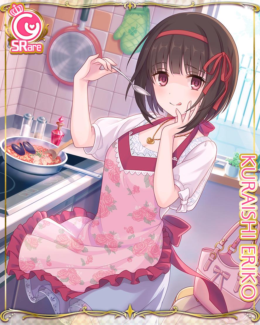 1girl, :p, apron, bag, blunt_bangs, bob_cut, brown_hair, card_(medium)