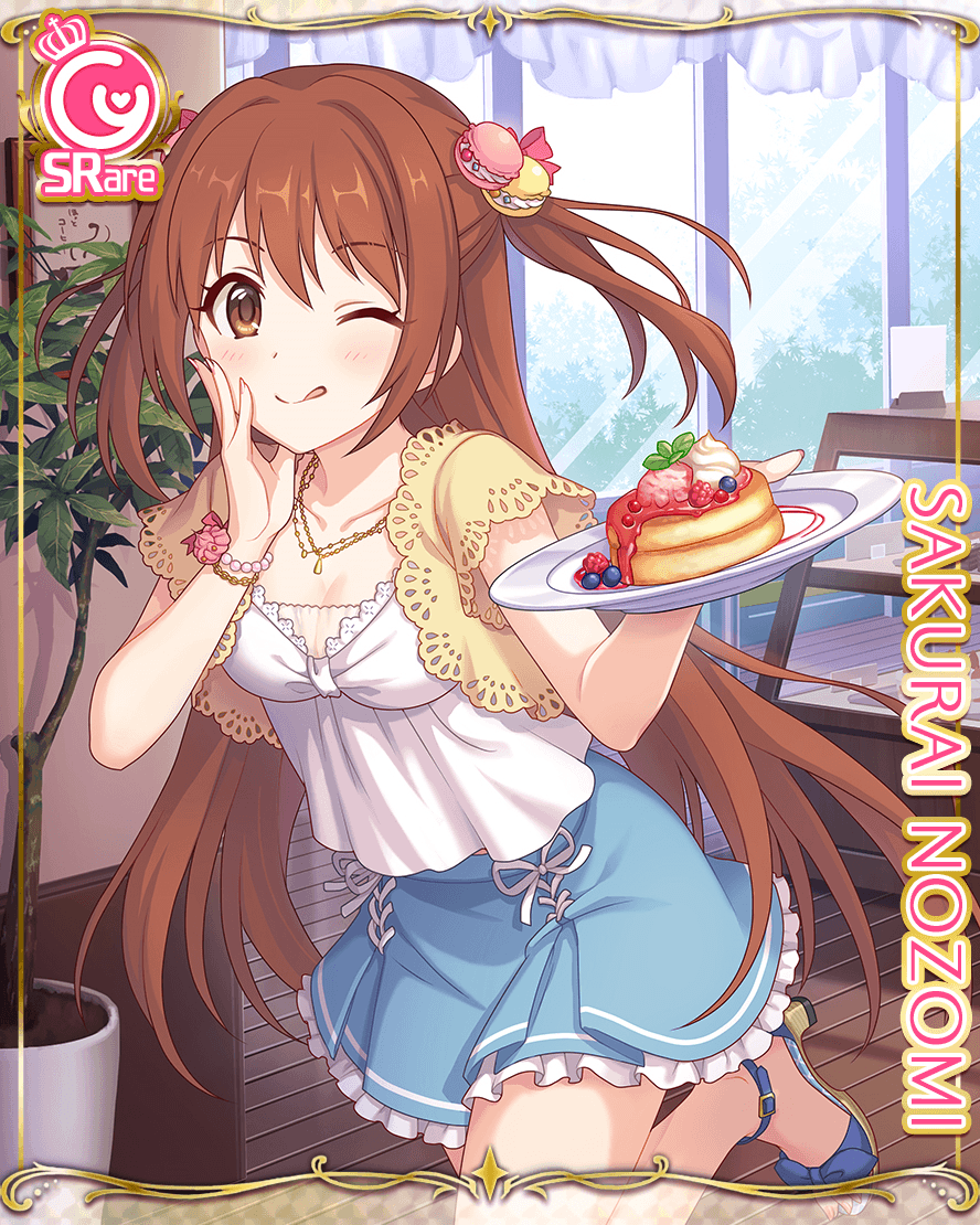 1girl, ;p, blouse, brown_eyes, brown_hair, cake, card_(medium), character_name