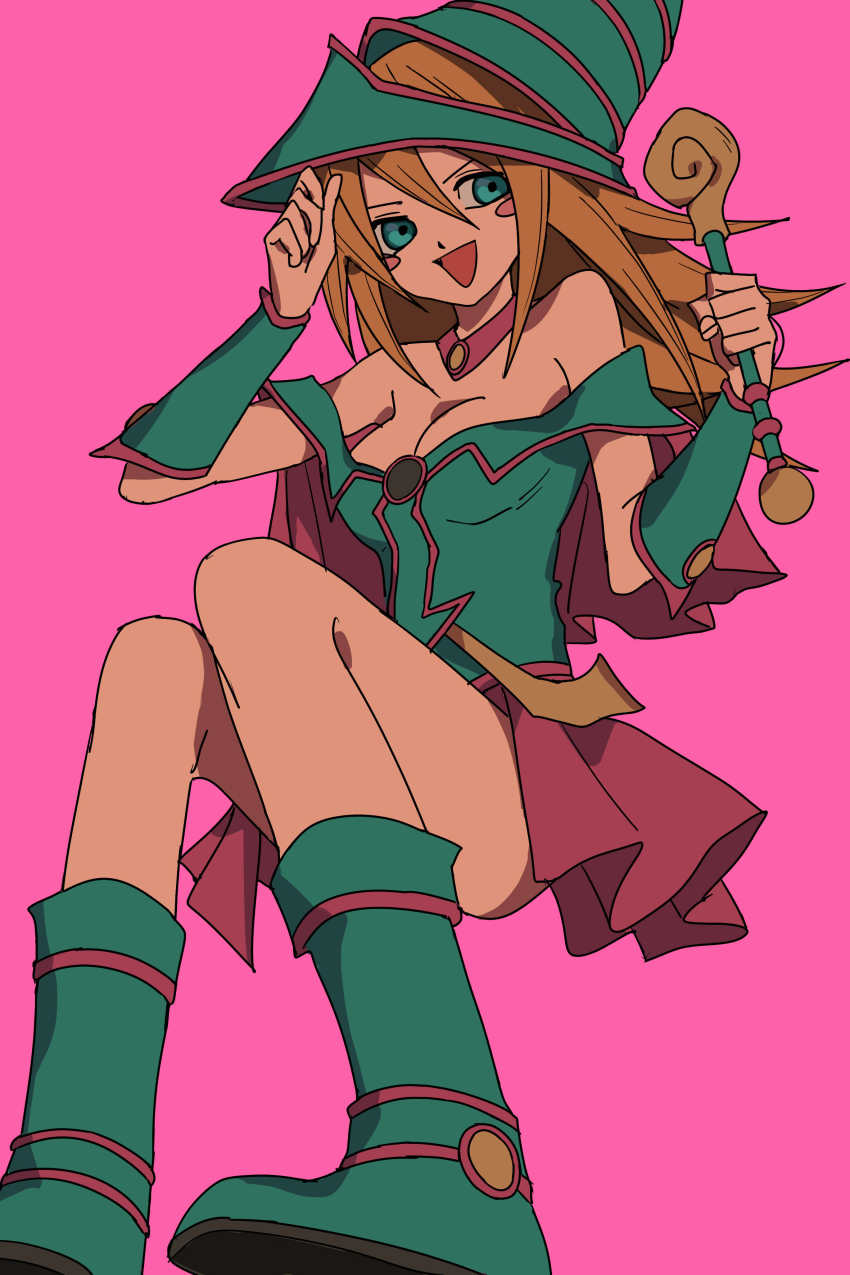 1girl, absurdres, bad_id, bad_pixiv_id, bare_shoulders, blonde_hair, blue_boots, blush_stickers, boots, breasts, choker, cleavage, dark_magician_girl, duel_monster, female_focus, green_eyes, hat, hexagram, highres, long_hair, looking_at_viewer, medium_breasts, open_mouth, pentacle, pentagram, sitting, smile, solo, staff, tu_wei, wizard_hat, yu-gi-oh!, yu-gi-oh!_duel_monsters
