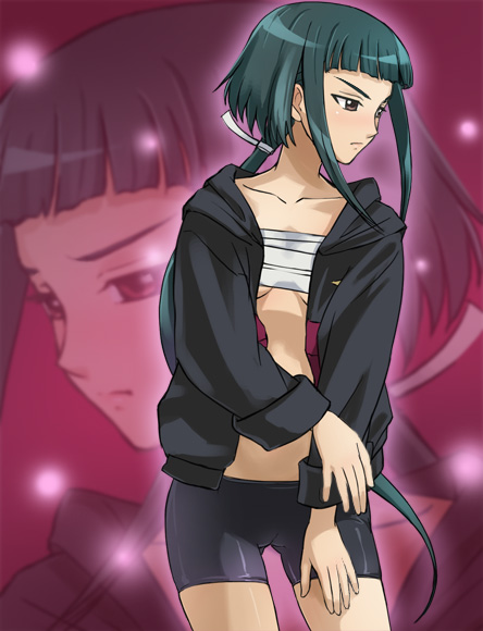 00s, 1girl, androgynous, bike_shorts, breast_bind, brown_eyes, cameltoe, female_focus, green_hair, haruyama_kazunori, hood, hoodie, jacket, long_hair, my-hime, okuzaki_akira, open_clothes, open_shirt, ponytail, reverse_trap, sarashi, shirt, solo, spoilers