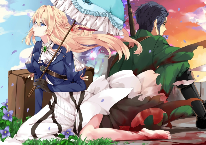 10s, 1boy, 1girl, back-to-back, bare_legs, black_footwear, black_hair, blonde_hair