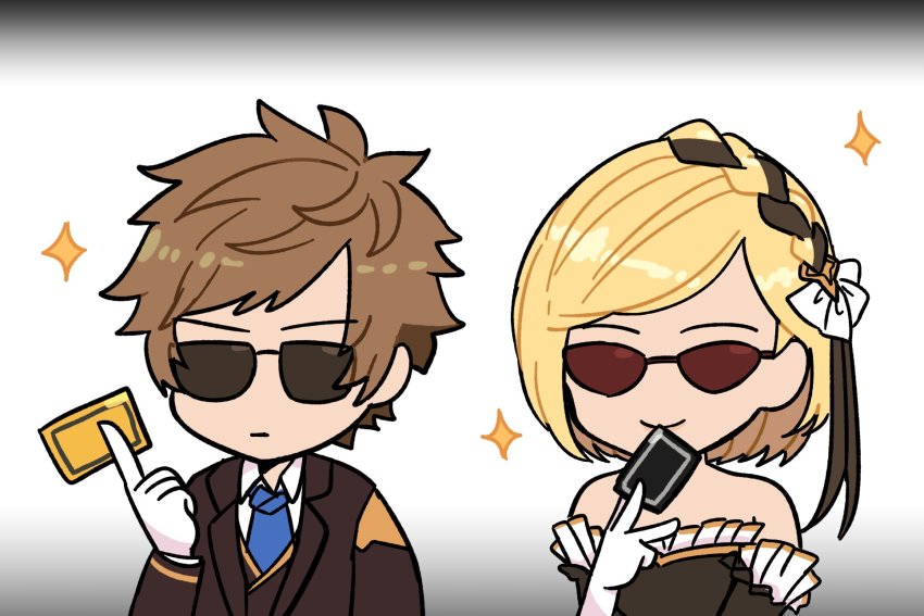 1boy, 1girl, black_dress, blonde_hair, blue_neckwear, bob_cut, brown_hair, card