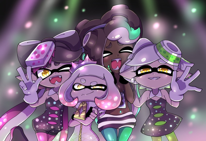 4girls, black_gloves, callie_(splatoon), callie_(squid_sisters_outfit)_(splatoon), crossed_arms, dark-skinned_female, dark_skin, fangs, fingerless_gloves, food, food_on_head, ggrks05, gloves, highres, inkling, looking_at_viewer, marie_(splatoon), marie_(squid_sisters_outfit)_(splatoon), marina_(off_the_hook_outfit)_(splatoon), marina_(splatoon), mole, mole_under_eye, mole_under_mouth, multiple_girls, nintendo, object_on_head, octoling, one_eye_closed, pearl_(off_the_hook_outfit)_(splatoon), pearl_(splatoon), smile, splatoon_(series), splatoon_1, splatoon_2, tentacle_hair, white_gloves, zipper, zipper_pull_tab