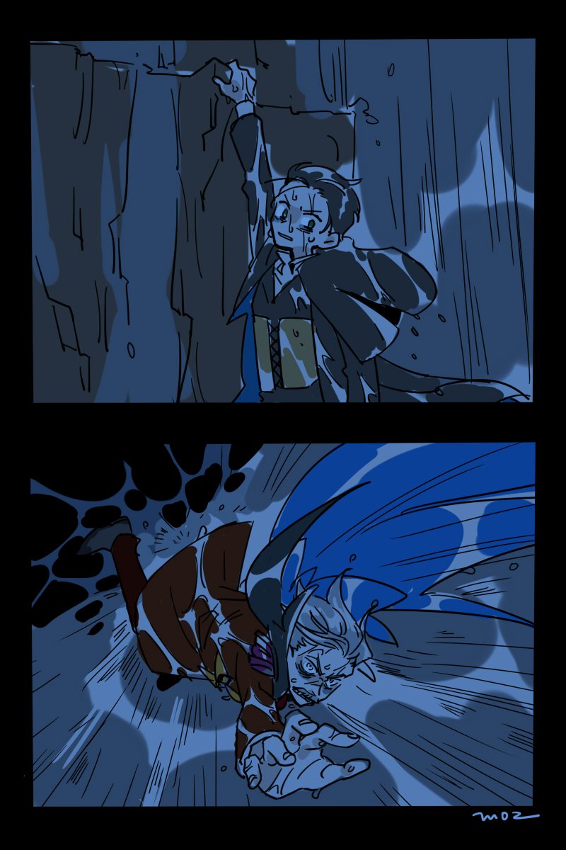 2boys, 2koma, black_border, border, cape, comic, facial_hair, falling