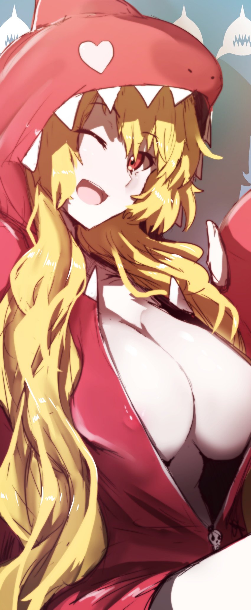 1girl, absurdres, animal_hood, anne_bonny_(fate), bad_id, bad_twitter_id, blonde_hair, breasts
