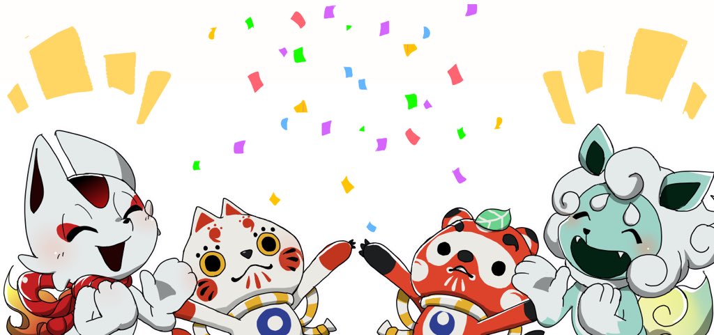 2020_summer_olympics, black_eyes, clapping, colored_sclera, confetti, closed_eyes, fox, komainu