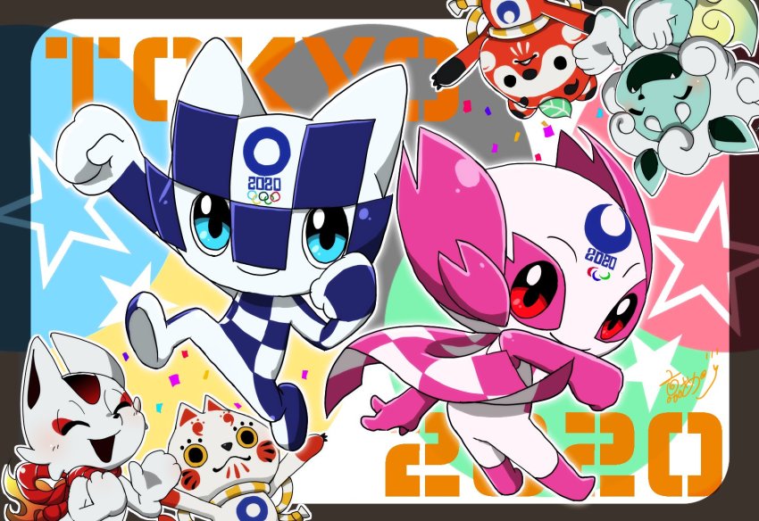 2020_summer_olympics, artist_name, black_eyes, blue_eyes, cape, clapping, clenched_hands, colored_sclera