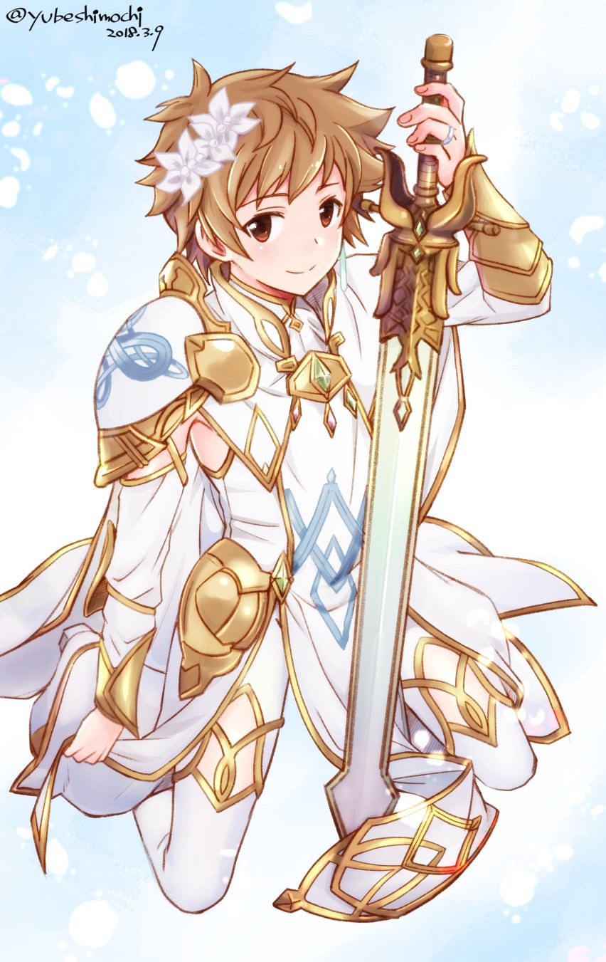 1boy, akari_seisuke, armor, brown_eyes, brown_hair, cosplay, flower, glorybringer_(granblue_fantasy)