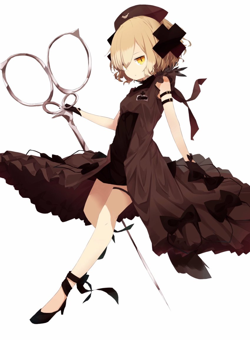 1girl, bad_id, bad_twitter_id, black_bow, black_footwear, black_gloves, black_hat, blonde_hair, bow, brown_dress, closed_mouth, commentary_request, dress, female_focus, full_body, gloves, hair_between_eyes, hair_ornament, hair_over_one_eye, hat, high_heels, highres, holding, holding_scissors, looking_at_viewer, mabuta_(byc0yqf4mabye5z), magical_girl, mahou_shoujo_ikusei_keikaku, nurse_cap, oversized_object, scissors, shadowgale, short_hair, simple_background, sleeveless, sleeveless_dress, solo, white_background, yellow_eyes
