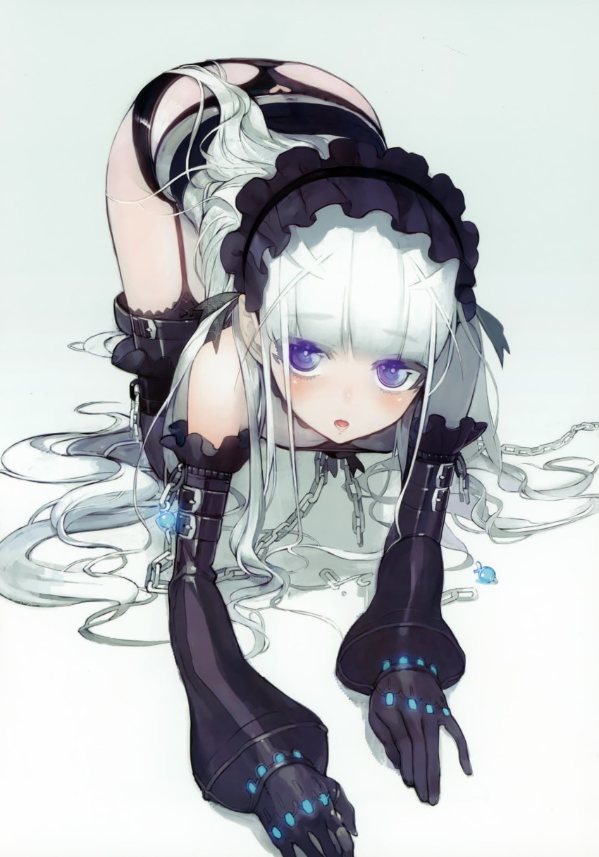 1girl, absurdres, all_fours, ass, black_gloves, black_panties, black_thighhighs, blue_eyes, breasts, broken, broken_chain, chaika_kamaz, chain, cleavage, detached_sleeves, female_focus, full_body, garter_straps, gloves, gradient_background, grey_background, hair_spread_out, highres, hitsugi_no_chaika, long_hair, looking_at_viewer, namaniku_atk, open_mouth, panties, silver_hair, small_breasts, solo, thighhighs, underwear, very_long_hair