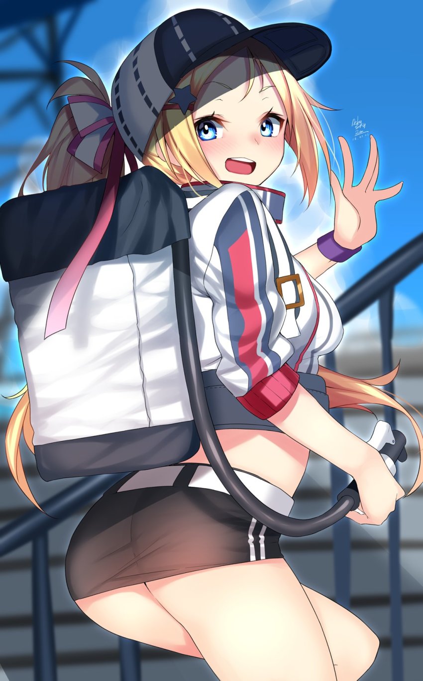 1girl, :d, ass, azur_lane, baseball_cap, baseball_stadium, black_shorts, blonde_hair