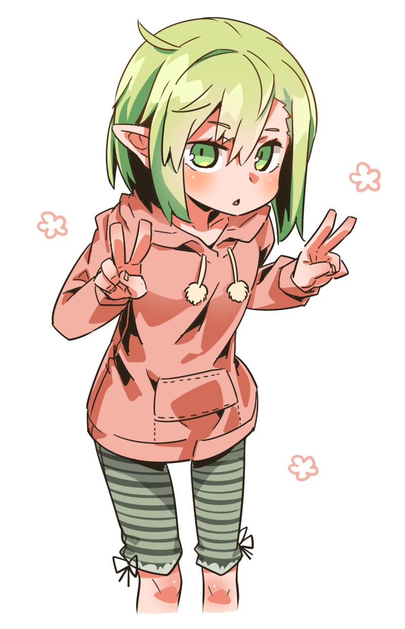 1girl, blonde_hair, blush, borrowed_character, double_v, female_focus, green_eyes, highres, open_mouth, original, pointy_ears, raigou, short_hair, simple_background, solo, v, white_background, zakuro_(sanzui)