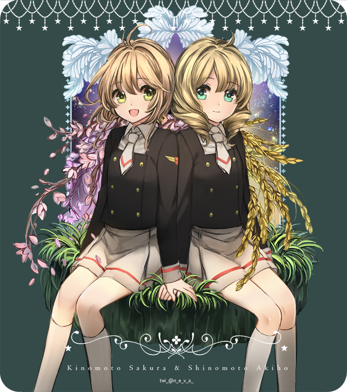 2girls, :d, alternate_hair_color, antenna_hair, aqua_eyes, artist_name, blonde_hair, brown_hair