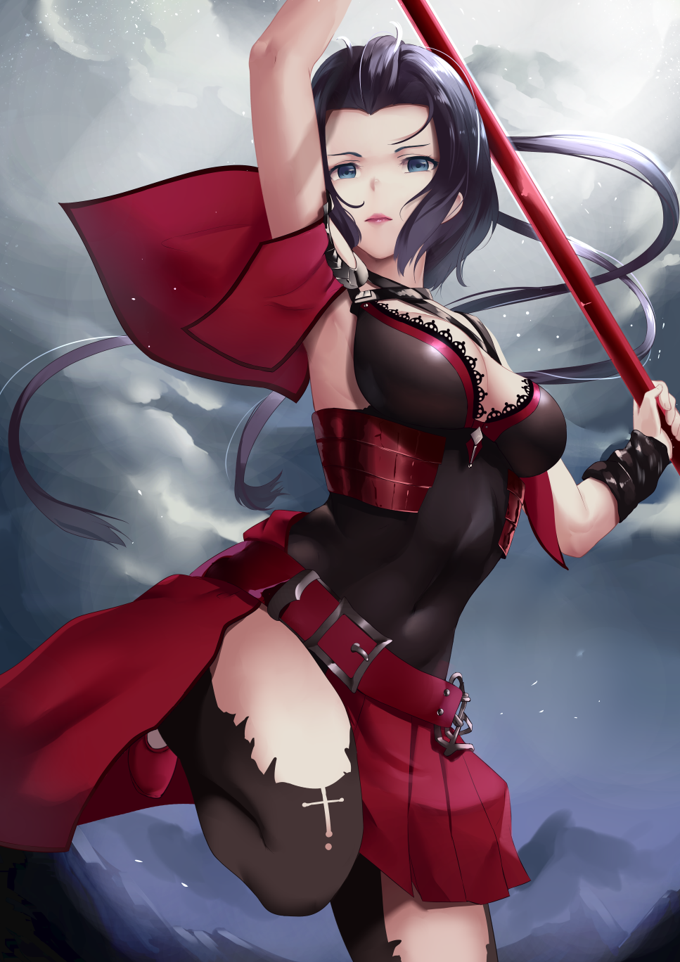 1girl, armor, arms_up, belt, black_hair, black_leotard, black_pantyhose, blue_eyes, breasts, capelet, cleavage, closed_mouth, covered_navel, criss-cross_halter, female_focus, halterneck, highres, holding, holding_weapon, japanese_armor, leotard, long_hair, looking_at_viewer, medium_breasts, mengo, night, pantyhose, pink_lips, polearm, quan_zhi_gao_shou, red_footwear, showgirl_skirt, soft_mist, solo, spear, torn_clothes, torn_pantyhose, very_long_hair, weapon