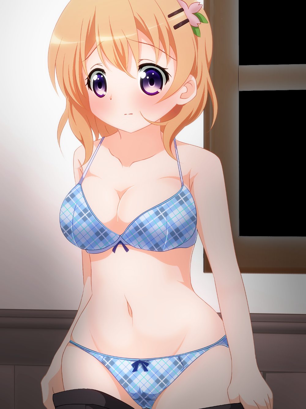1girl, black_skirt, blue_bra, blue_panties, blush, bow, bow_bra, bow_panties