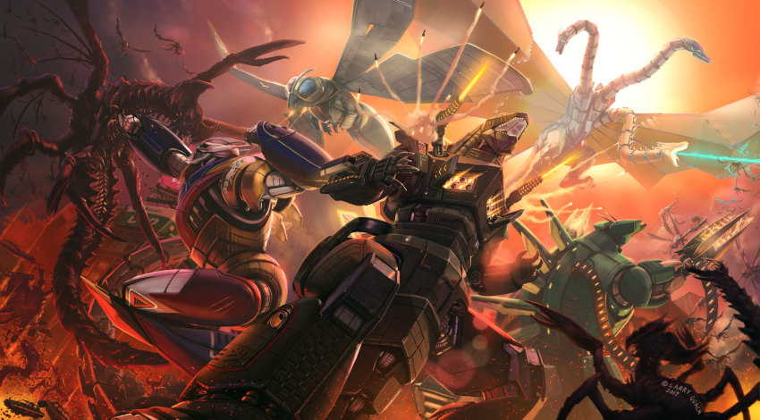 alien, battle, car, conjoined, dated, destoroyah, epic, flying, godzilla, godzilla_(series), godzilla_vs._king_ghidorah, godzilla_vs._mechagodzilla, godzilla_vs._megalon_(1973), godzilla_vs._spacegodzilla, highres, jet_jaguar, kaiju, king_ghidorah, larry_quach, mecha, mecha-king_ghidorah, mechagodzilla, military, moguera, monster, mothra, motor_vehicle, realistic, redesign, robot, rocket_launcher, science_fiction, weapon