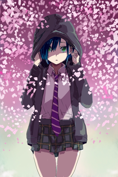 10s, 1girl, blue_hair, bump_(silk0423), cherry_blossoms, collared_shirt, cowboy_shot, darling_in_the_franxx