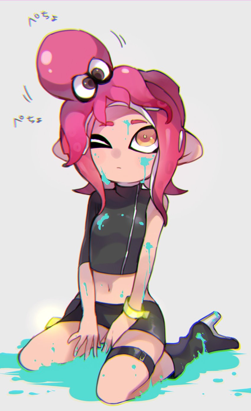 1girl, ;(, absurdres, agent_8_(splatoon), asymmetrical_clothes, bangle, bare_arms, bare_shoulders