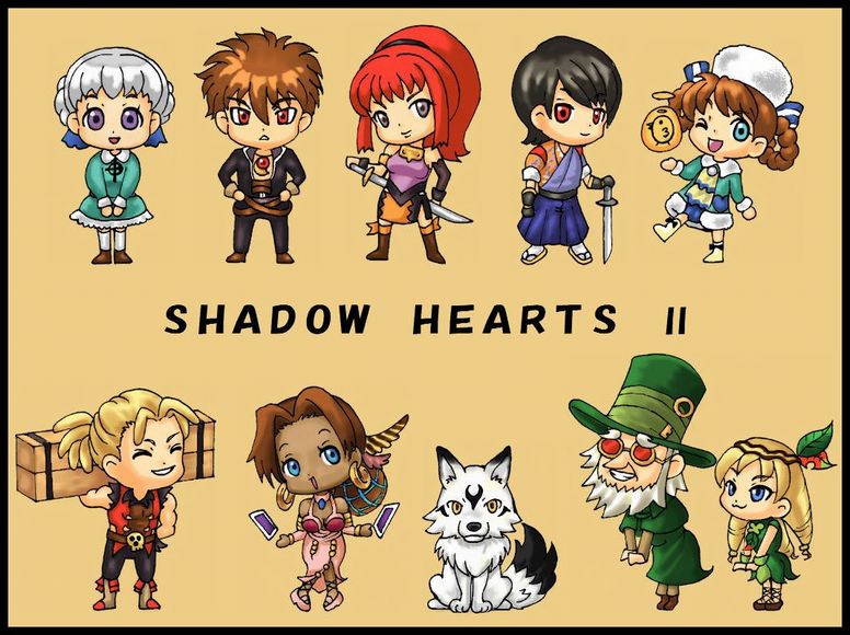 4boys, 5girls, :3, alice_elliot, alternate_costume, anastasia_(shadow_hearts), beard, belt