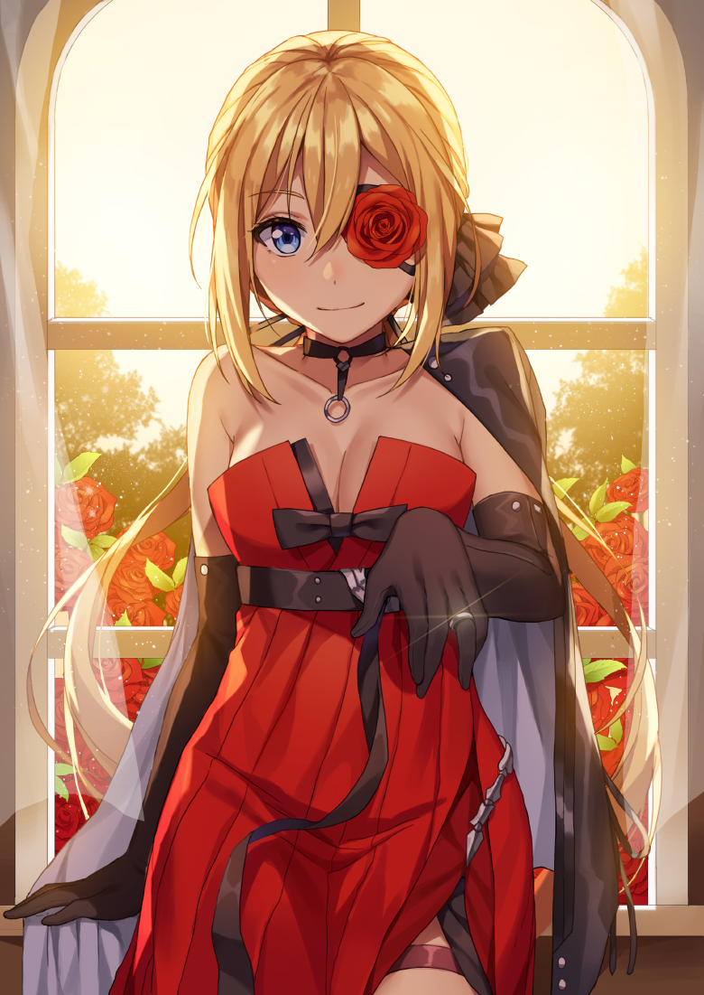 1girl, alternate_hairstyle, arm_support, arm_up, ass, bad_id, bad_pixiv_id, bare_shoulders, belt, black_belt, black_bow, black_gloves, black_jacket, black_ribbon, blonde_hair, blue_eyes, bow, breasts, buckle, chair, choker, cleavage, closed_mouth, collarbone, cowboy_shot, curtains, dress, elbow_gloves, eyepatch, eyes_visible_through_hair, female_focus, flower, flower_eyepatch, girls'_frontline, glass, gloves, hair_between_eyes, hair_ribbon, indoors, jacket, jacket_on_shoulder, jewelry, kim_bae-eo, leaning_on_object, light_particles, long_hair, looking_at_viewer, low_ponytail, medium_breasts, o-ring, offering_hand, official_alternate_costume, open_clothes, open_jacket, open_mouth, petals, plant, ponytail, red_dress, red_flower, red_rose, ribbon, ring, rose, rose_petals, sidelocks, skorpion_(crimson_starlet)_(girls'_frontline), skorpion_(girls'_frontline), smile, solo, standing, strap, strapless, strapless_dress, thigh_strap, thighs, wedding_band, window, windowsill