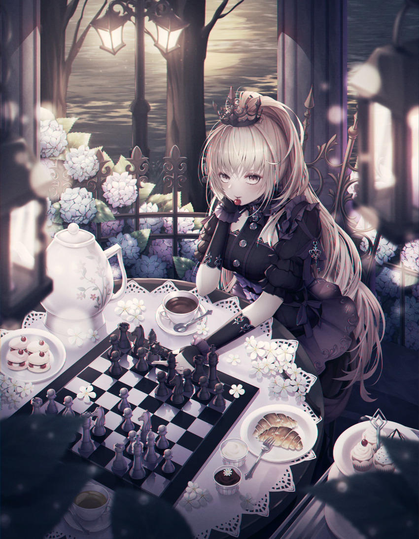 1girl, absurdres, black_dress, black_gloves, blurry, blush, board_game, breasts
