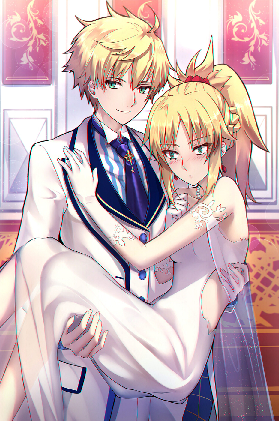 1boy, 1girl, @_@, ahoge, arthur_pendragon_(fate), arthur_pendragon_(white_rose)_(fate), bare_shoulders, bead_necklace, beads, blonde_hair, blue_neckwear, blue_shirt, blush, braid, breasts, bride, buttons, carrying, closed_mouth, collarbone, collared_shirt, commentary, dress, earrings, embarrassed, fate/apocrypha, fate/grand_order, fate_(series), father_and_child, father_and_daughter, fingernails, formal_clothes, gloves, green_eyes, hair_between_eyes, hair_ornament, hair_scrunchie, half_up_braid, hand_on_another's_chest, high_ponytail, highres, jacket, jewelry, long_dress, long_hair, looking_at_viewer, looking_away, looking_down, mordred_(fate), mordred_(fate/apocrypha), necklace, necktie, nose_blush, parent_and_child, pocket, ponytail, princess_carry, red_scrunchie, scrunchie, see-through_clothes, shigure_s, shirt, sidelocks, sleeveless, sleeveless_dress, small_breasts, smile, standing, striped_clothes, striped_shirt, suit, tie_clip, wedding_dress, white_dress, white_gloves, white_jacket, white_shirt, white_suit