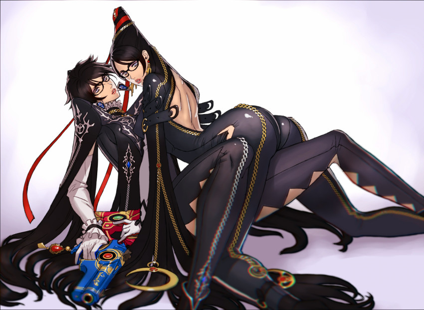2girls, ass, back, back_cutout, bayonetta, bayonetta_(series), bayonetta_2, black_hair