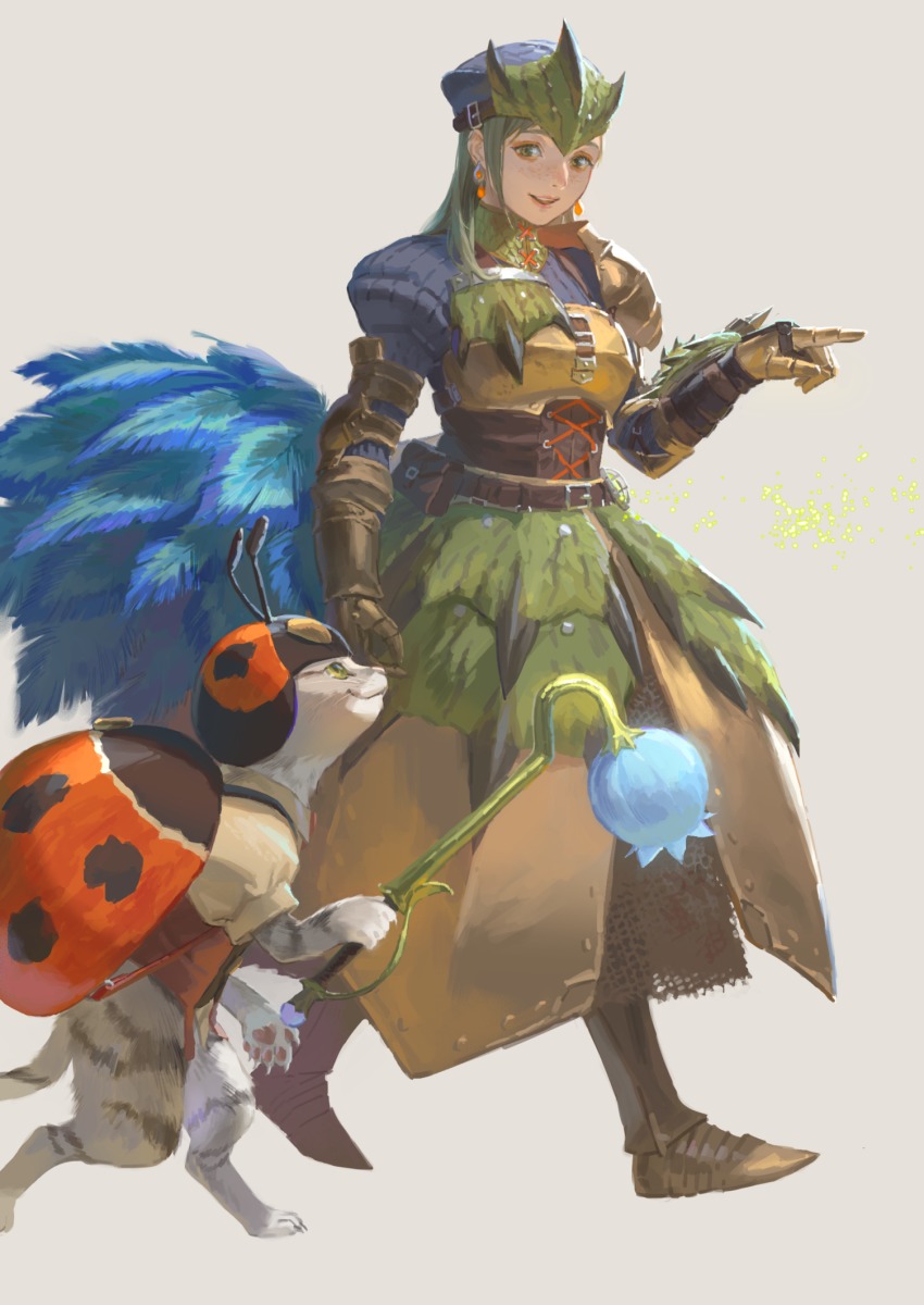 1girl, animal_hands, antennae, arm_at_side, armor, armored_boots, armored_dress, backpack