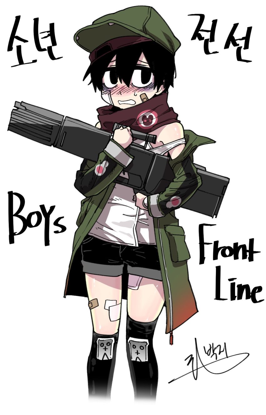 1boy, bags_under_eyes, bandage_on_face, bandages, bandaid, bandaid_on_face, black_eyes, black_hair, black_socks, blouse, blush, clothing_cutout, cosplay, cowboy_shot, g11_(girls'_frontline), g11_(girls'_frontline)_(cosplay), girls'_frontline, green_hat, gun, hair_between_eyes, hat, highres, kneehighs, lee_hoon, male_focus, off_shoulder, parkgee, shirt, short_shorts, shorts, shoulder_cutout, simple_background, socks, solo, suicide_boy, sweatdrop, weapon, white_background, white_shirt
