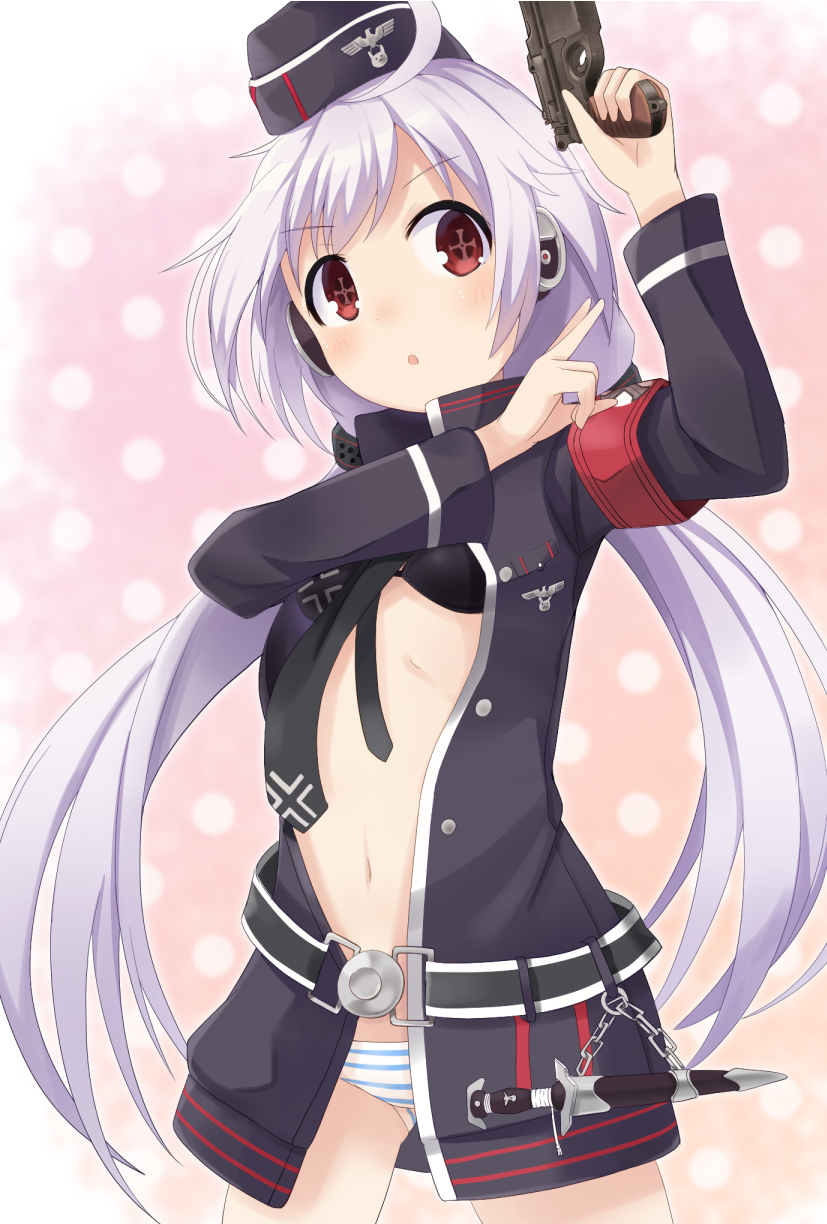 1girl, ahoge, armband, belt, black_bra, black_necktie, blush, bra