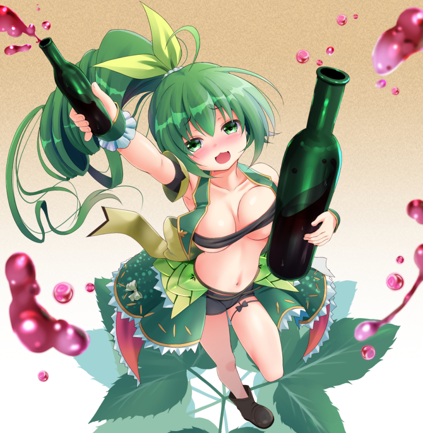 1girl, :d, alcohol, bandeau, black_shoes, black_shorts, blush, bottle, bow, breasts, chisato_(missing_park), cleavage, collarbone, drunk, female_focus, flower_knight_girl, frills, full_body, green_bow, green_eyes, green_hair, green_vest, green_wrist_cuffs, hair_bow, holding, holding_bottle, hop_(flower_knight_girl), large_breasts, leaf, long_hair, looking_at_viewer, navel, open_mouth, ponytail, raised_eyebrows, shoes, short_shorts, shorts, smile, solo, standing, standing_on_one_leg, unaligned_breasts, underboob, vest, wine, wine_bottle, wrist_cuffs