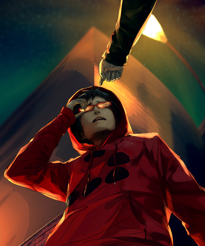 2boys, absurdres, adjusting_eyewear, black_hair, blurry, blurry_background, fisheye_placebo, frey_(fisheye_placebo)