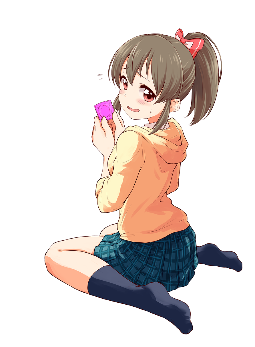 1girl, black_socks, blush, bow, brown_hair, commentary_request, condom, condom_wrapper