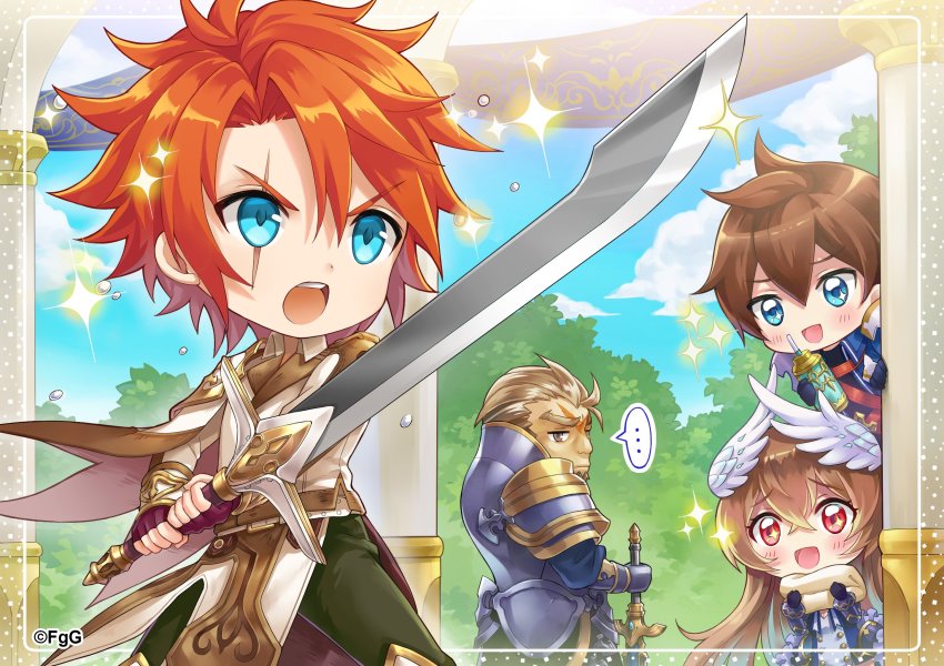 1girl, 3boys, aqua_eyes, armor, blonde_hair, blue_eyes, blue_sky, blush, bottle, brown_hair, capelet, chibi, chloe_(ta_ga_tame_no_alchemist), cloud, company_name, day, dilga_(ta_ga_tame_no_alchemist), fingerless_gloves, gloves, hair_ornament, highres, holding, holding_sword, holding_weapon, knight, long_hair, multiple_boys, official_art, open_mouth, pillar, red_eyes, red_hair, scar, scar_across_eye, scar_on_face, short_hair, sky, sparkle, sparkling_eyes, speech_bubble, sword, ta_ga_tame_no_alchemist, training, tree, vettel_(ta_ga_tame_no_alchemist), victor_(ta_ga_tame_no_alchemist), water_bottle, weapon, wing_hair_ornament, winged_hair_ornament