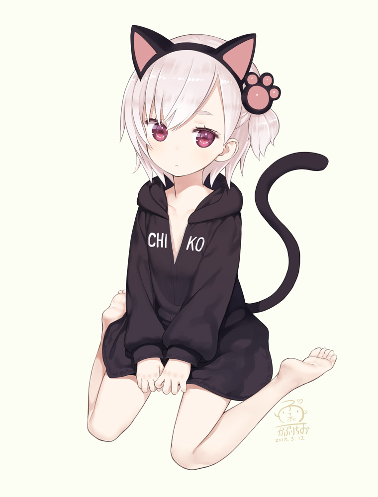 1girl, :<, animal_ears, artist_name, barefoot, black_hoodie, capriccio, cat_ears