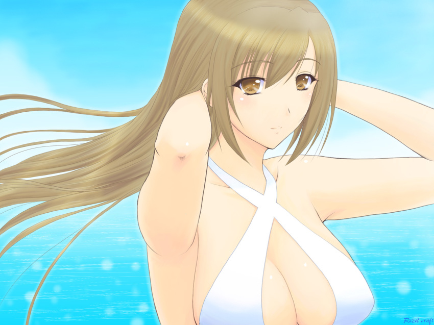 00s, 1girl, arms_up, bikini, breasts, brown_eyes, brown_hair, cleavage, day, female_focus, halterneck, large_breasts, long_hair, minami-ke, minami_haruka, rezel_craft, solo, swimsuit, very_long_hair, white_bikini