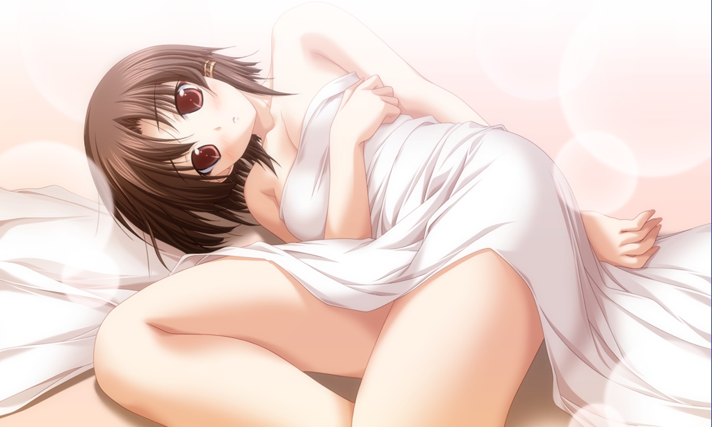 1girl, akiiro_ouka, akiiro_renka, bed, bed_sheet, brown_eyes, brown_hair, covering_privates, female_focus, flat_chest, lying, naked_sheet, niiyama_aoi, nude, nude_cover, on_side, solo, towel, tsukimori_hiro