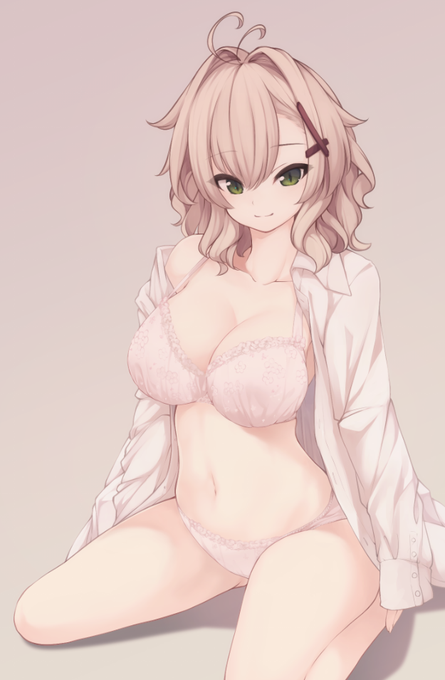 1girl, antenna_hair, arms_at_sides, bad_id, bad_tumblr_id, blonde_hair, bra, breasts, cleavage, closed_mouth, collarbone, collared_shirt, female_focus, gluteal_fold, green_eyes, hair_intakes, hair_ornament, hairclip, kneeling, large_breasts, long_sleeves, looking_at_viewer, natsuki_teru, navel, nekomiya_ryuu, off_shoulder, original, panties, pink_bra, pink_panties, shirt, simple_background, single_bare_shoulder, sitting, sleeves_past_wrists, smile, solo, stomach, underwear, white_shirt, wing_collar