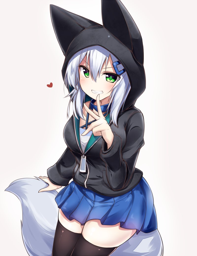 animal_hood, black_hoodie, black_thighhighs, blue_skirt, blush, collar, commentary_request, cowboy_shot, finger_to_mouth, fox_girl, fox_tail, green_eyes, hair_between_eyes, hair_ornament, hairclip, halterneck, heart, holding_tail, hood, hoodie, looking_at_viewer, medium_hair, original, shirogane_kasane, silver_hair, simple_background, skindentation, skirt, solo, surume_aburi, tail, teeth, thighhighs, white_background, zipper