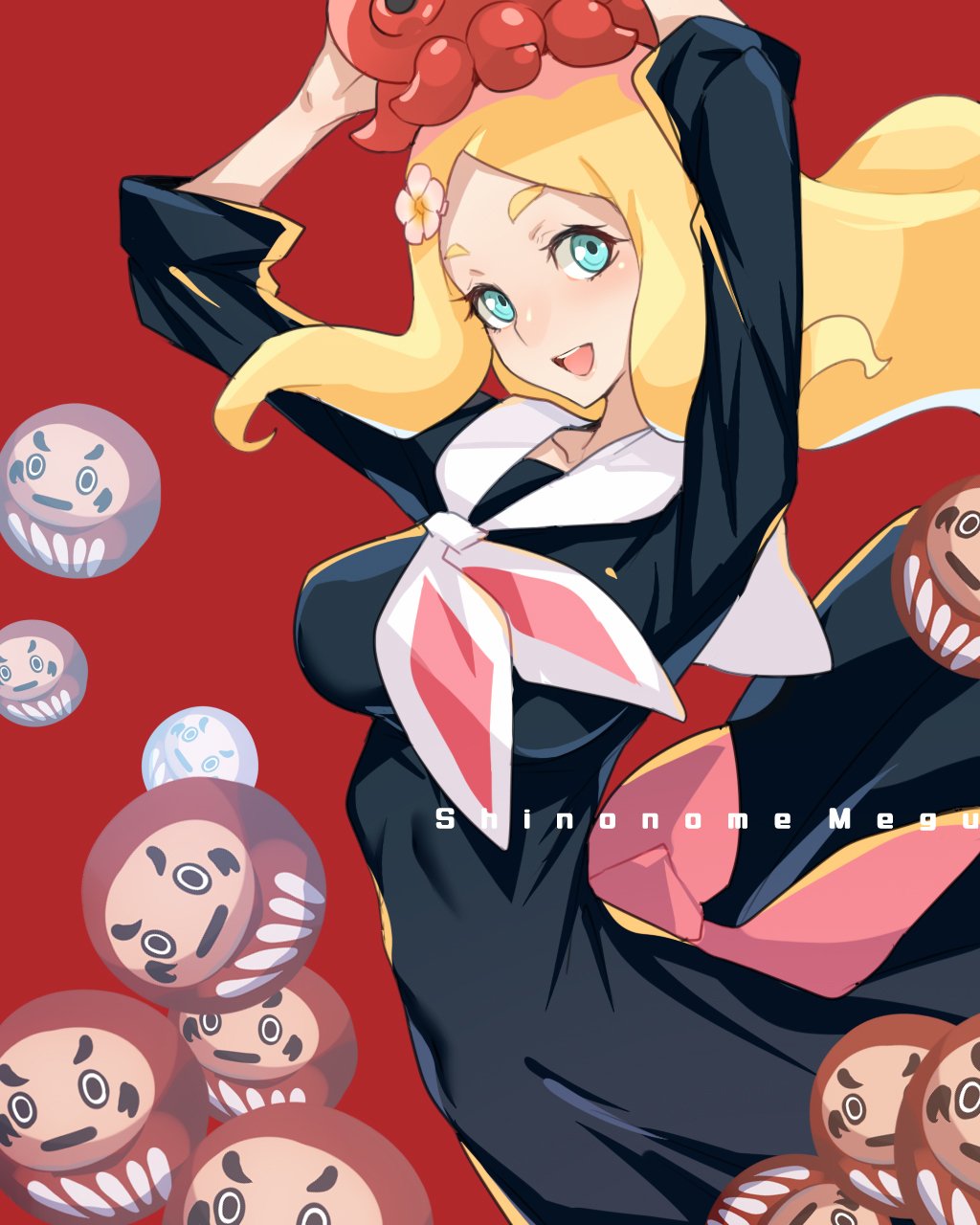 1girl, :d, ban!_(bansankan), blonde_hair, blue_eyes, breasts, daruma_doll, female_focus