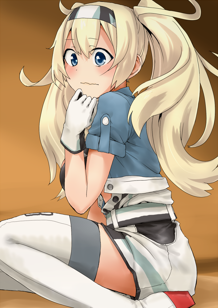 1girl, blonde_hair, blue_eyes, blue_shirt, blush, breasts, commentary_request, female_focus