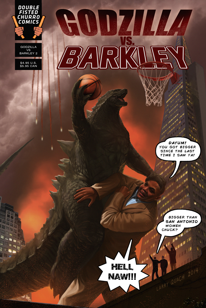 2014, bald, ball, basketball, basketball_(object), building, character_name, charles_barkley, churro, claws, cloud, comic, contrail, cover, crossover, crowd, dark-skinned_male, dark_skin, defeat, english_text, epic, fake_cover, fangs, fire, formal_clothes, giant, godzilla, godzilla_(2014), godzilla_(monsterverse), godzilla_(series), jumping, kaiju, larry_quach, legendary_pictures, male_focus, meme, missile, monster, monsterverse, multiple_boys, parody, real_life, realistic, science_fiction, signature, slam_dunk_(basketball), smoke, speech_bubble, spikes, suit, tail, toho, what