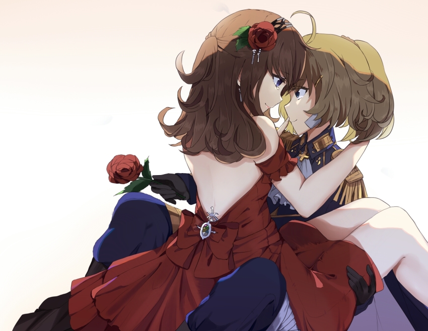 2girls, bad_id, bad_pixiv_id, blue_eyes, brown_hair, dress, eye_contact, highres
