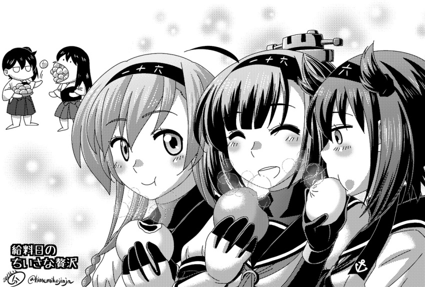 5girls, :d, :t, akagi_(kancolle), akizuki_(kancolle), anman, steamed_bun, blush_stickers