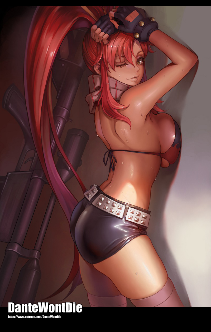 1girl, against_wall, anti-materiel_rifle, arms_up, artist_name, ass, belt, bikini